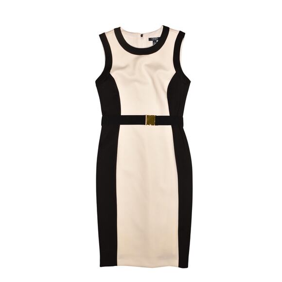 CHAPS $119 Black White Colorblock Scuba Knit Belted Sheath Dress Size 6 - Picture 1 of 3